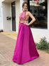 A Line High Neck Two Piece Pink Satin Appliques Prom Dress LBQ3783
